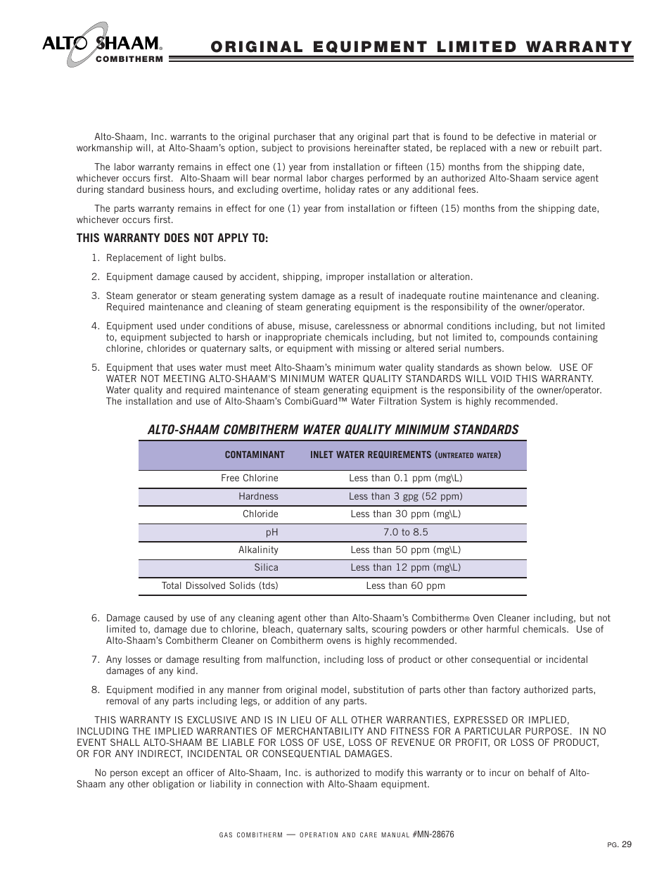 This warranty does not apply to | Alto-Shaam 10.20ESG User Manual | Page 31 / 32