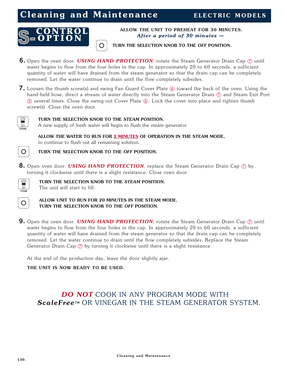 Do not cook in any program mode with scalefree, Or vinegar in the steam generator system | Alto-Shaam COMBITHERM 1020 User Manual | Page 133 / 135