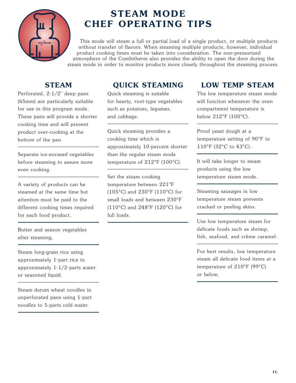 Steam, Quick steaming, Low temp steam | Alto-Shaam COMBITHERM 1020 User Manual | Page 14 / 135