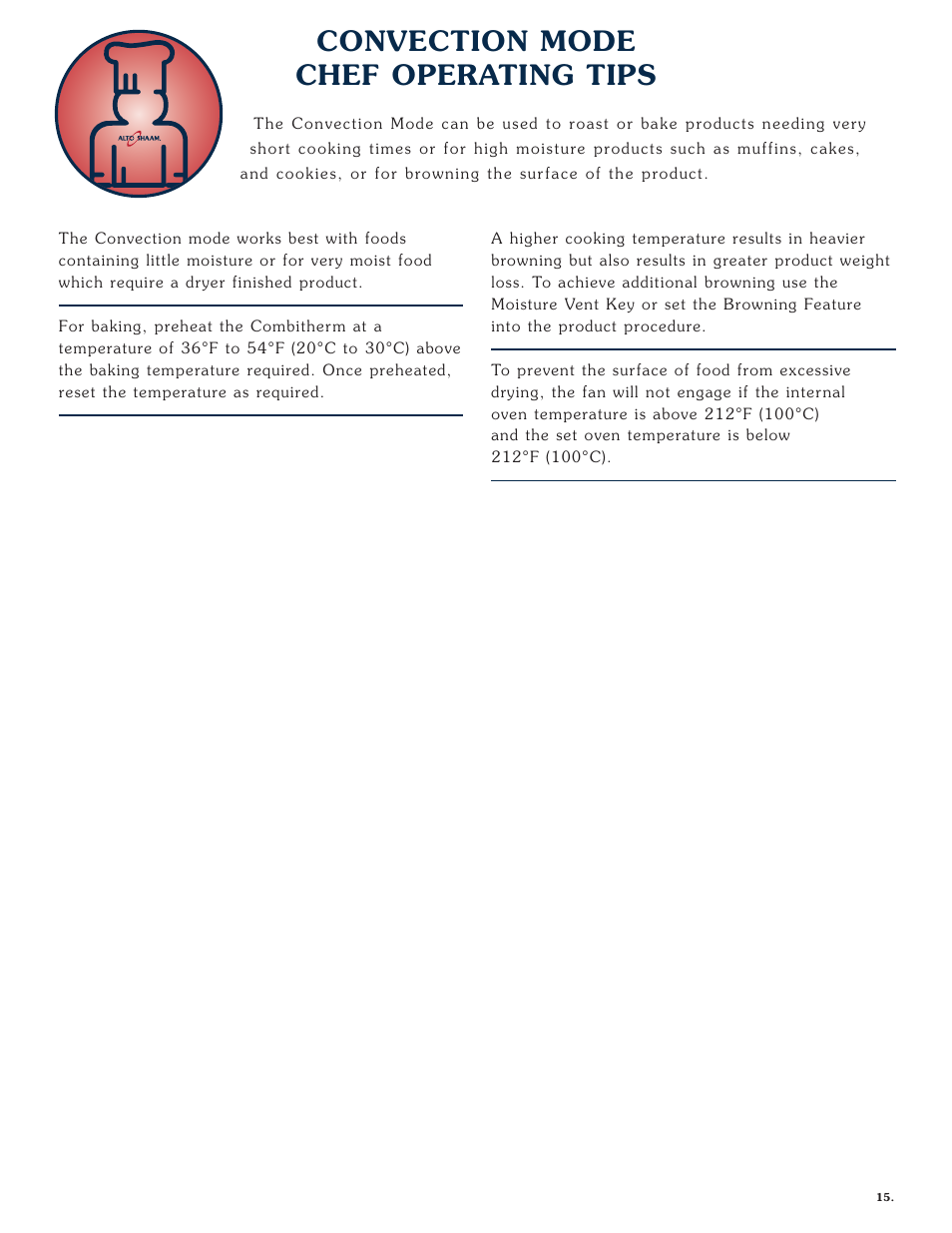 Convection mode chef operating tips | Alto-Shaam COMBITHERM 1020 User Manual | Page 18 / 135