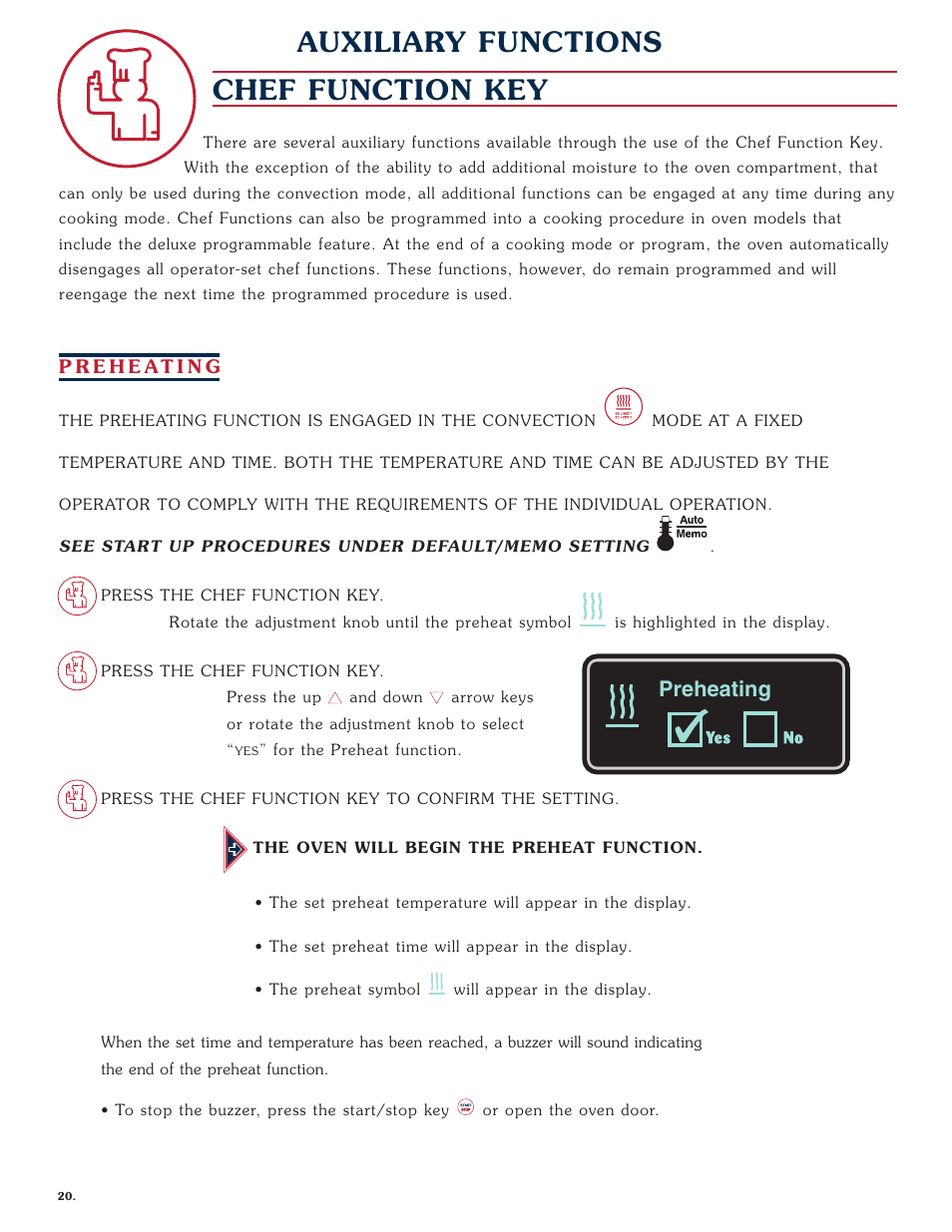 Chef function key, Auxiliary functions, Preheating | Alto-Shaam COMBITHERM 1020 User Manual | Page 23 / 135