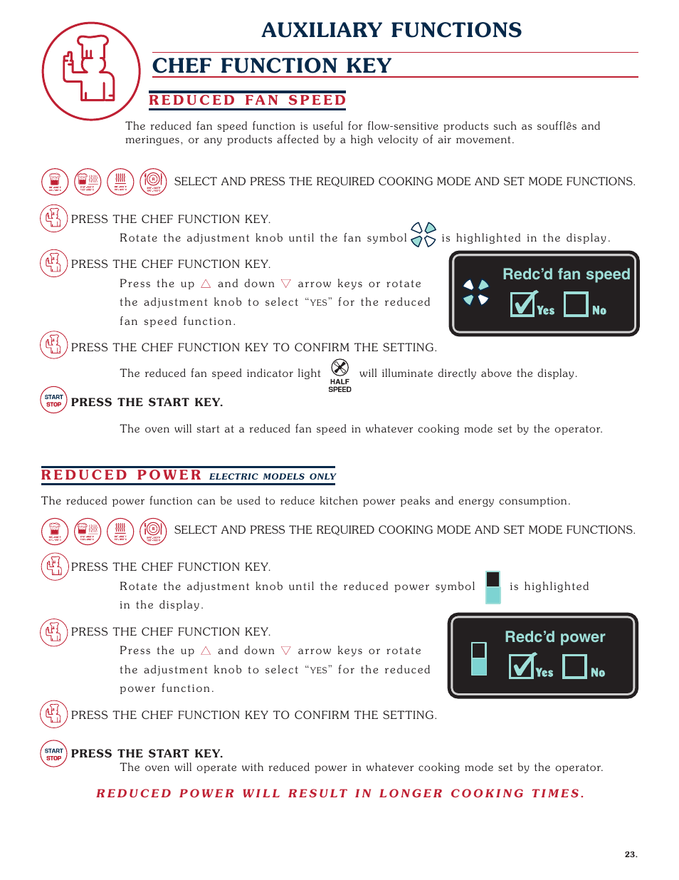 Chef function key, Auxiliary functions, Redc’d fan speed redc’d power | Alto-Shaam COMBITHERM 1020 User Manual | Page 26 / 135