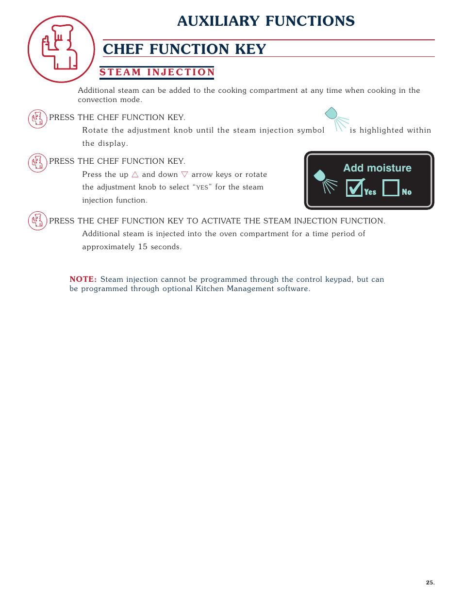 Chef function key, Auxiliary functions, Add moisture | Alto-Shaam COMBITHERM 1020 User Manual | Page 28 / 135
