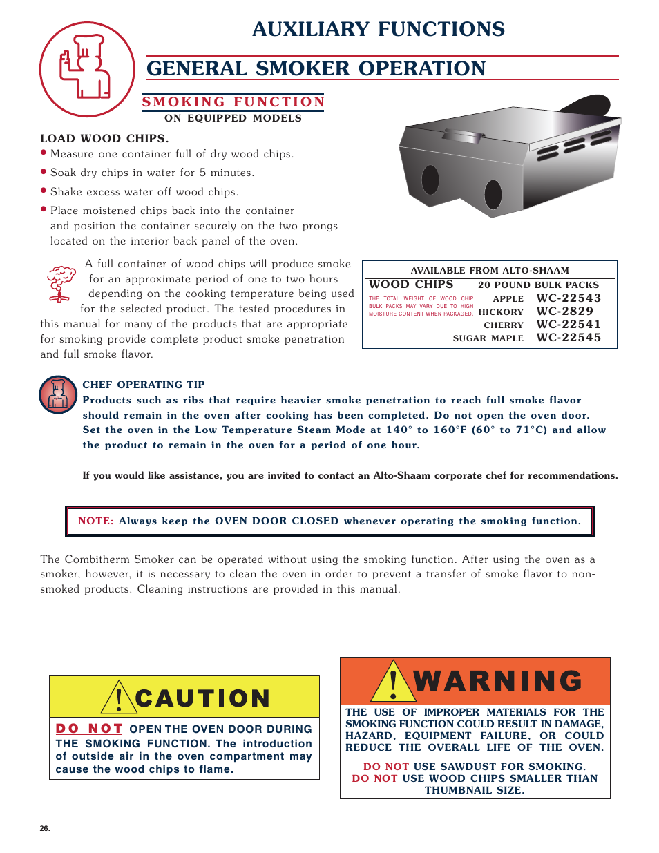 Auxiliary functions general smoker operation | Alto-Shaam COMBITHERM 1020 User Manual | Page 29 / 135