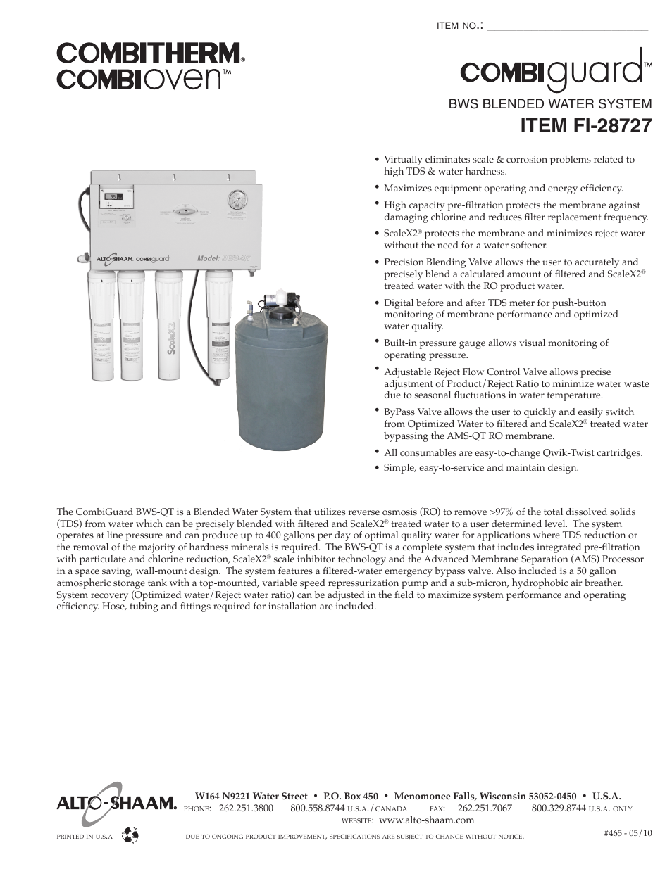 Alto-Shaam BWS BLENDED WATER SYSTEM FI-28727 User Manual | 2 pages