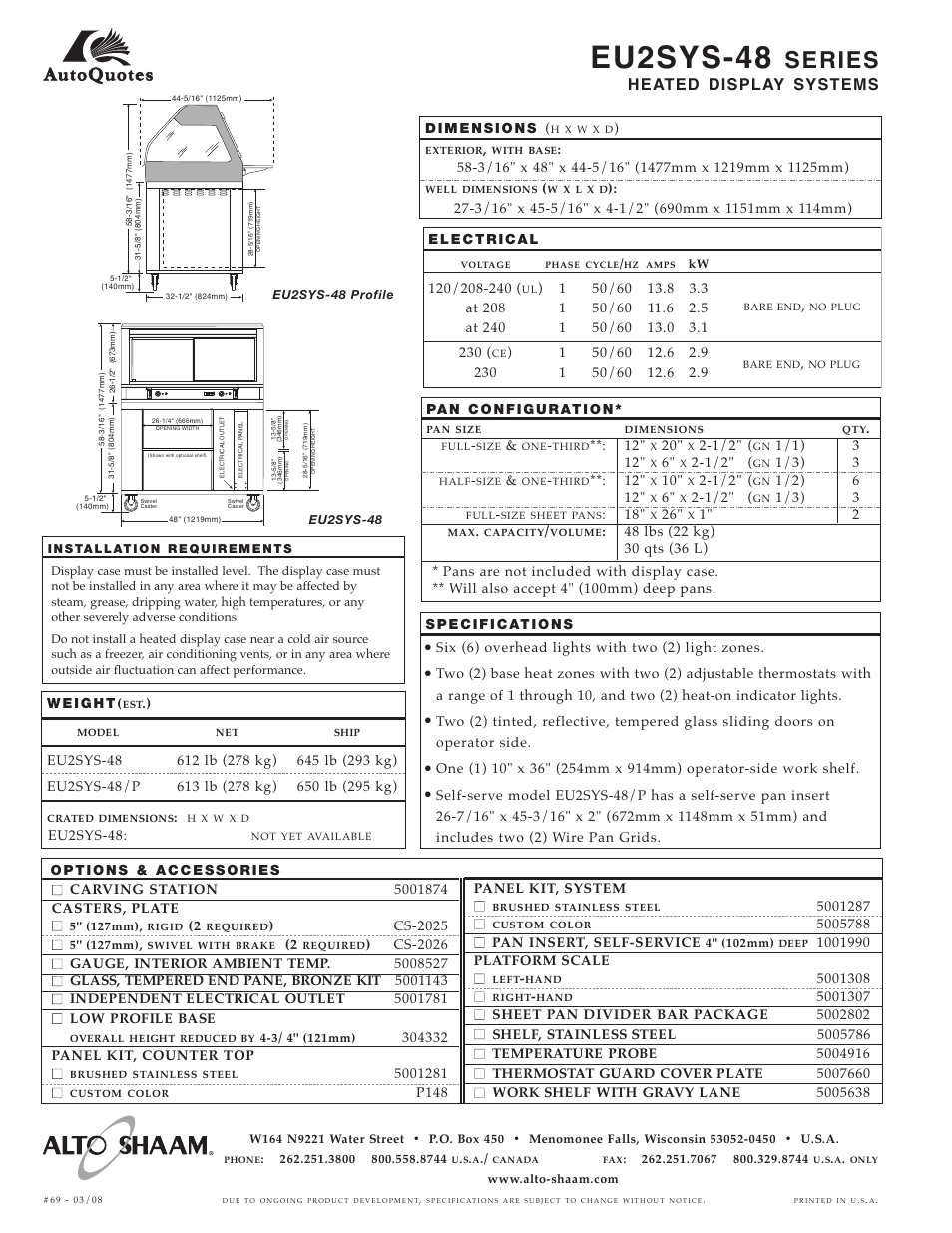 Series, Heated display systems, Cs-2025 | P148 panel kit, system, Eu2sys-48, Six (6) overhead lights with two (2) light zones, 5" (127mm), 4" (102mm) | Alto-Shaam EU2SYS-48/P User Manual | Page 2 / 2