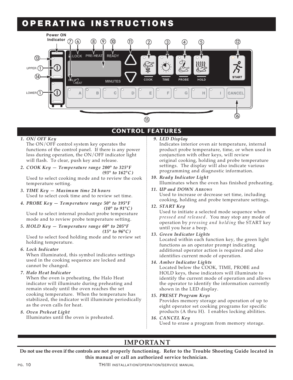 Important, Control features | Alto-Shaam 1200-TH/III User Manual | Page 11 / 32
