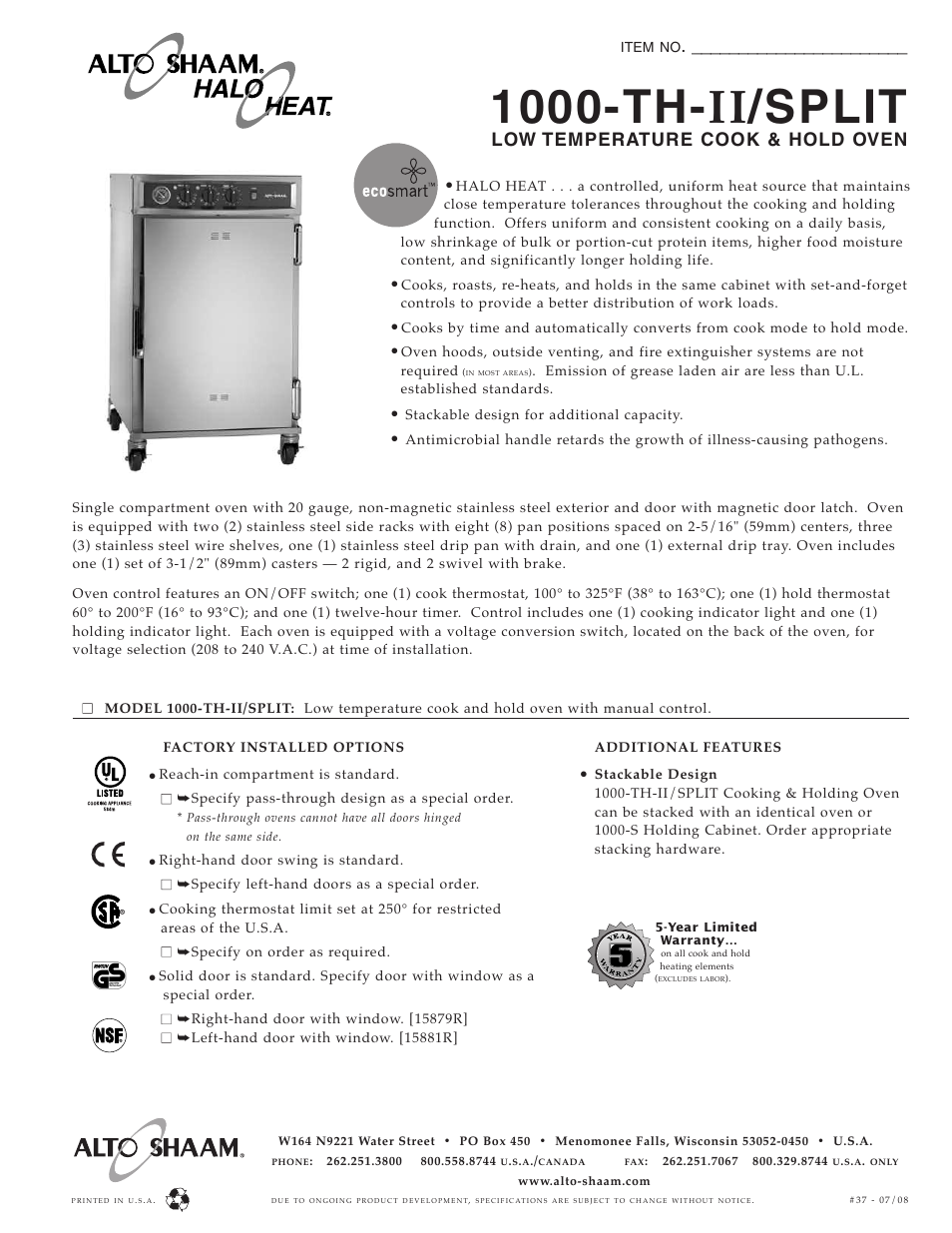 Alto-Shaam 1000-TH-II/Spilt User Manual | 2 pages