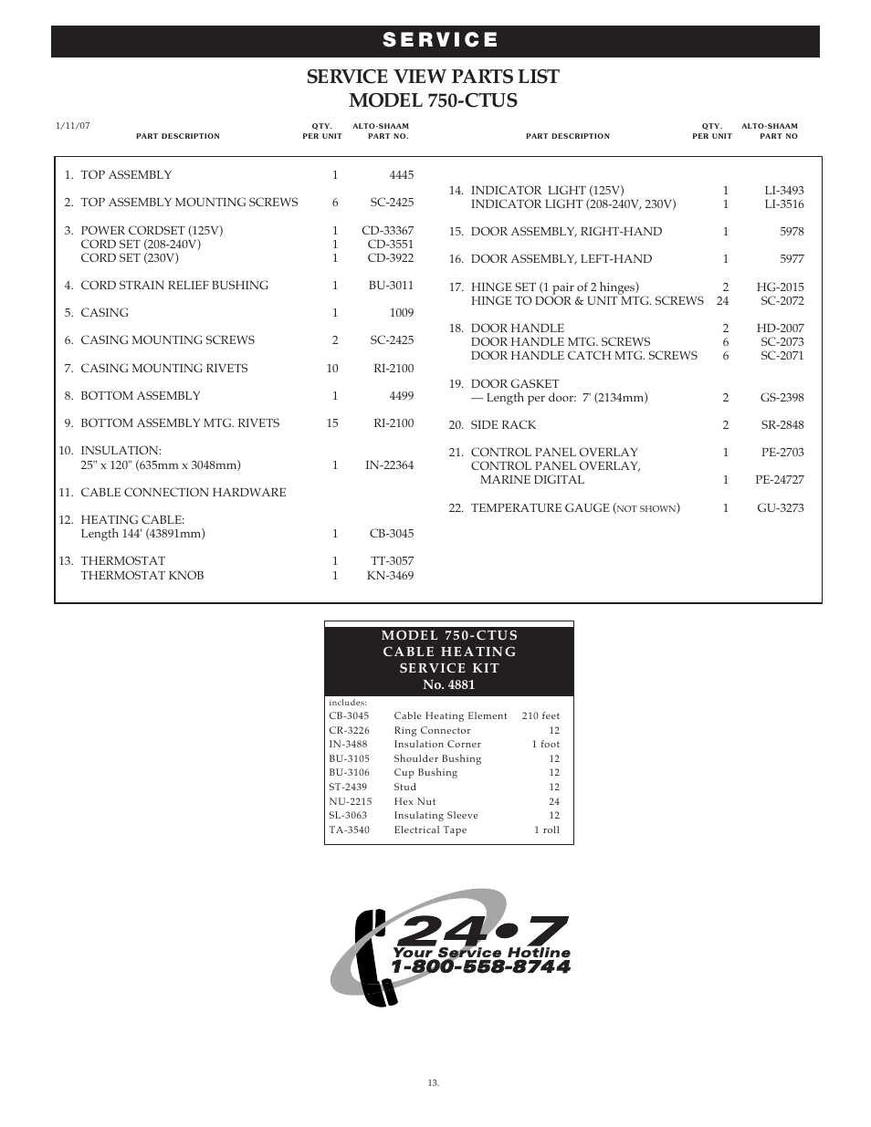 Service view parts list model 750-ctus | Alto-Shaam 750-CTUS User Manual | Page 14 / 19