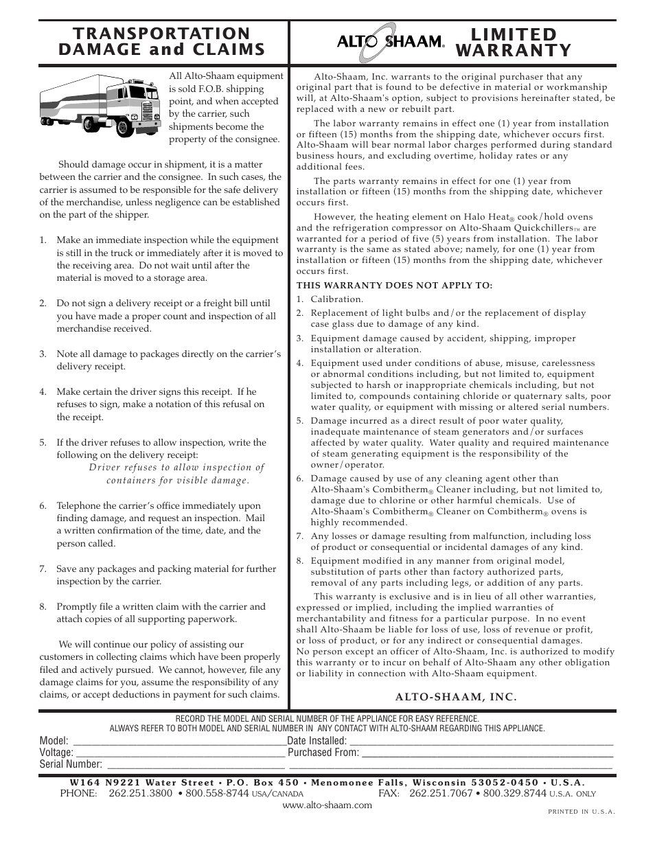 Limited warranty, Transportation damage and claims | Alto-Shaam 750-CTUS User Manual | Page 19 / 19