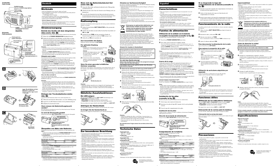 Especificaciones, Español características, Fuentes de alimentación | Funcionamiento de la radio, Funciones útiles, Precauciones, Technische daten, Deutsch merkmale, Stromversorgung, Radioempfang | Sony ICF-B01 User Manual | Page 2 / 2