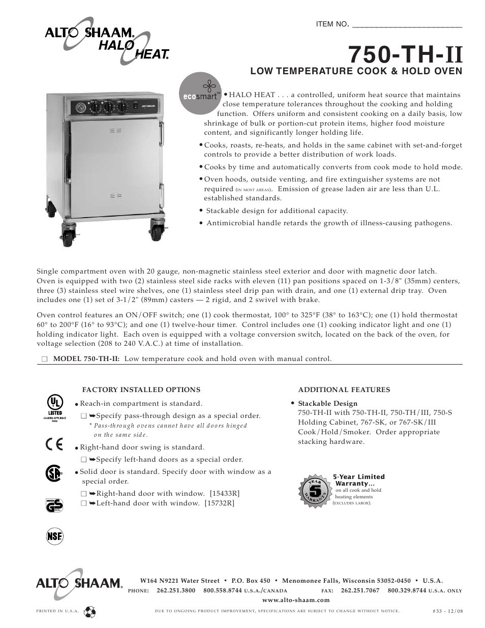 Alto-Shaam Low Temperature Cook & Hold Oven 750-TH-II User Manual | 2 pages