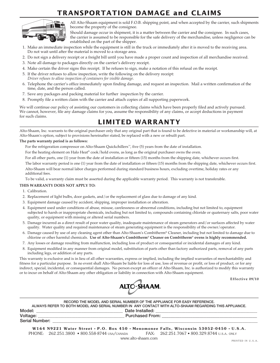 Transportation damage and claims, Limited warranty | Alto-Shaam 1000-BQ2/128 User Manual | Page 29 / 29