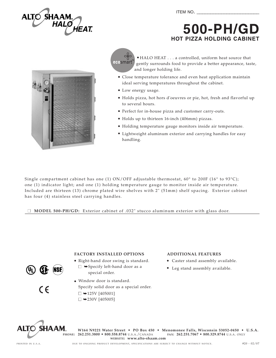 Alto-Shaam 500-PH/GD User Manual | 2 pages