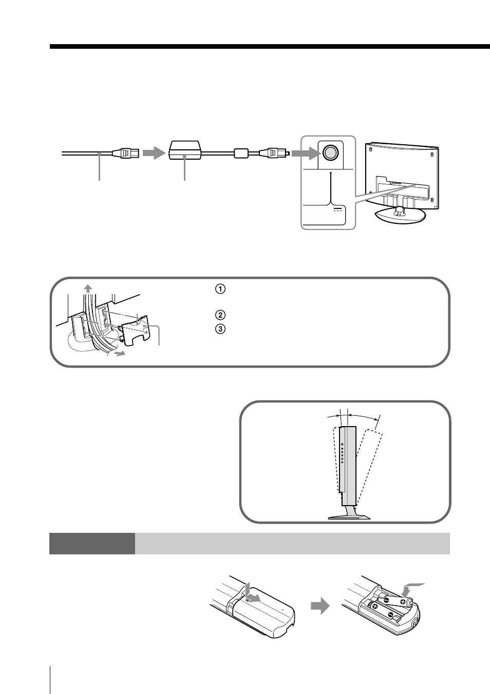 Schritt 3, Anschließen des netzkabels, Einlegen von batterien in die fernbedienung | Sony KLV-15SR1 User Manual | Page 38 / 88