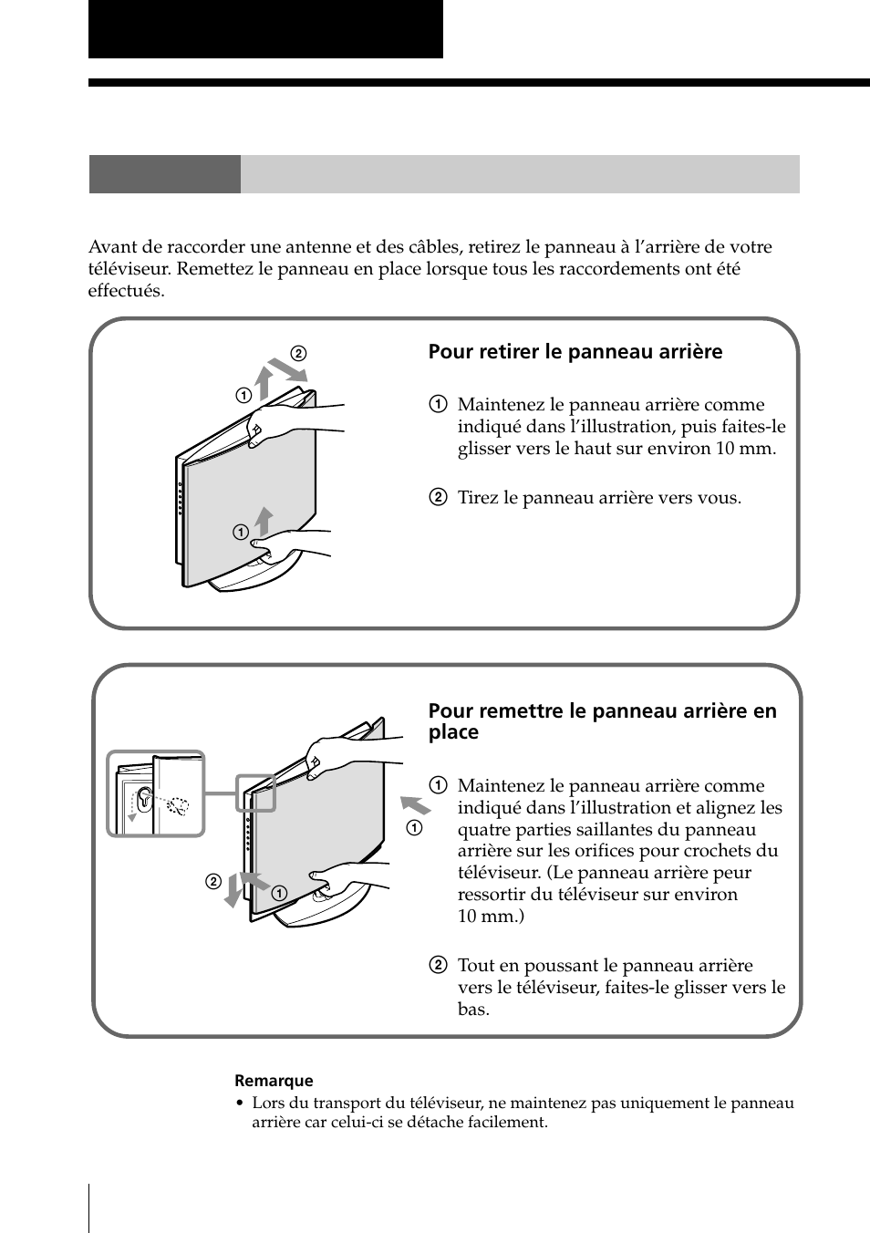 Utilisation de votre nouveau téléviseur, Préparatifs, Etape 1 retrait du panneau arrière | Etape 1 | Sony KLV-15SR1 User Manual | Page 64 / 88