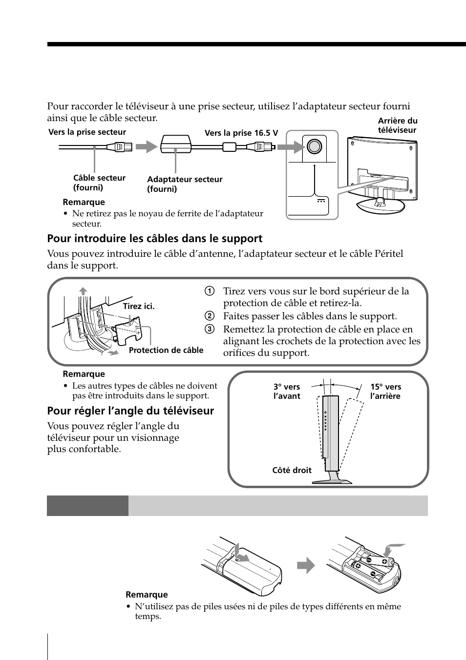 Etape 3 insertion des piles dans la télécommande, Etape 3, Raccordement du câble secteur | Insertion des piles dans la télécommande | Sony KLV-15SR1 User Manual | Page 66 / 88