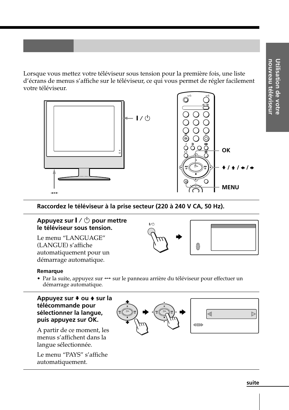 Etape 4 réglage automatique du téléviseur, Démarrage automatique), Etape 4 | Utilisation de votr e nouveau téléviseur, Ok v / v / b / b menu 0 = / 1 | Sony KLV-15SR1 User Manual | Page 67 / 88