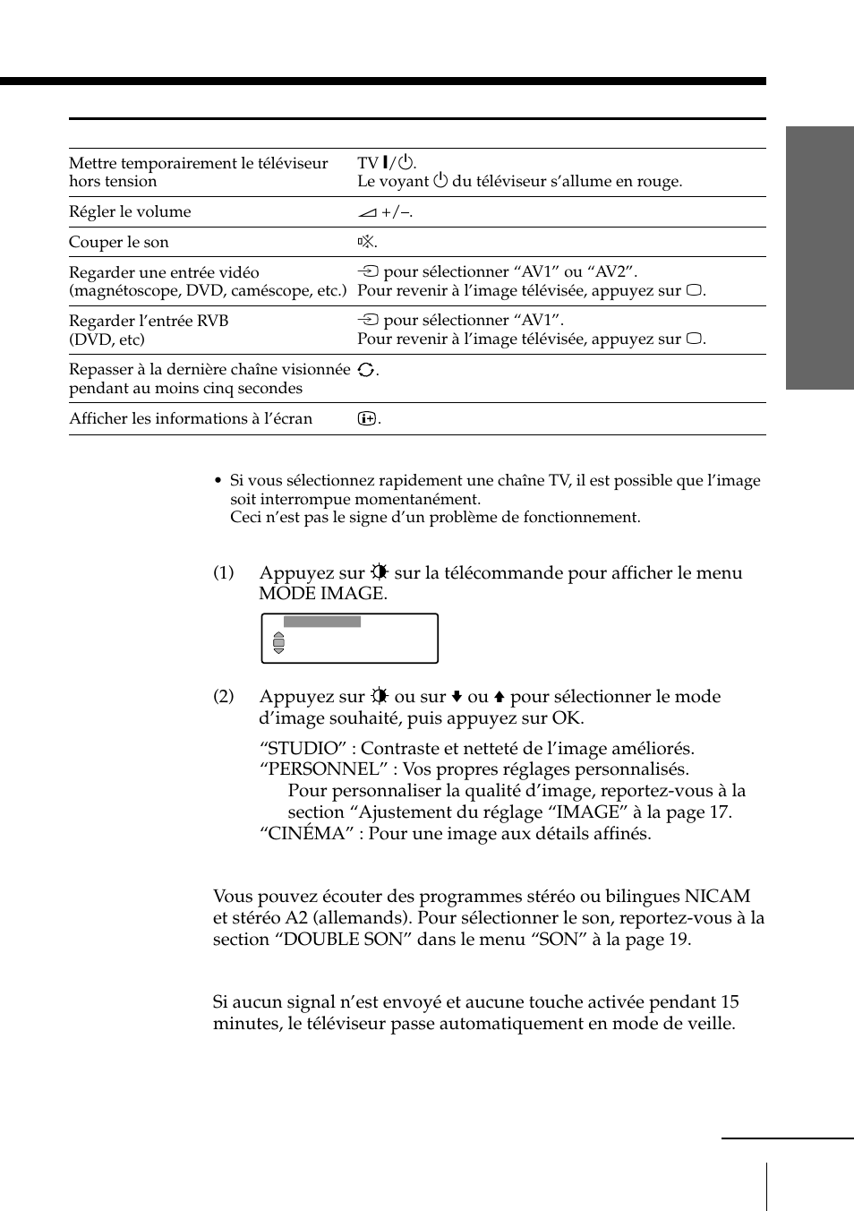 Pour sélectionner le mode d’image, Fonction de mise hors tension automatique | Sony KLV-15SR1 User Manual | Page 71 / 88