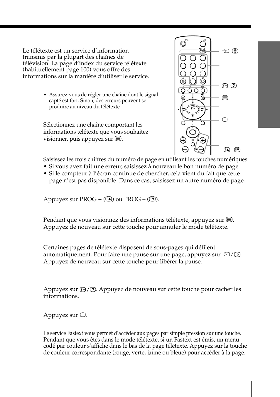 Utilisation de la fonction de télétexte, Pour activer le télétexte, Pour sélectionner une page télétexte | Pour accéder à la page suivante ou précédente, Pour faire une pause sur une page télétexte, Pour désactiver le télétexte, Fastext, Utilisation de votr e nouveau téléviseur, Appuyez sur prog + (c) ou prog – (c), Appuyez sur a | Sony KLV-15SR1 User Manual | Page 73 / 88