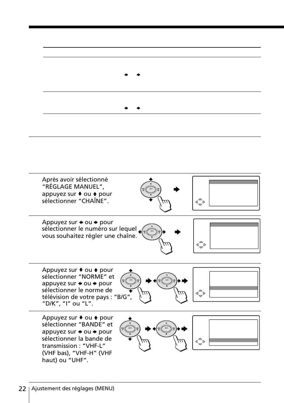 Préréglage manuel des chaînes, Modification des paramètres “réglage” (suite), Pour revenir à l’affichage normal | Appuyez sur menu, Ajustement des réglages (menu), Remarque • réglez normalement “aft” sur “activé | Sony KLV-15SR1 User Manual | Page 80 / 88