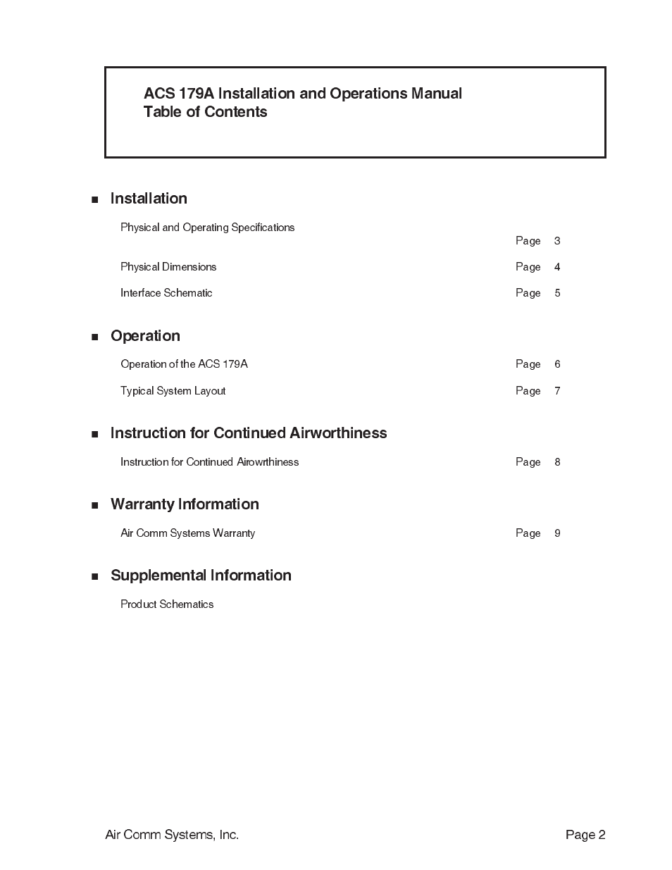 Installation, Operation, Instruction for continued airworthiness | Warranty information, Supplemental information | Air Comm Systems Six Passenger ICS/Transmit Expansion Unit ACS 179A User Manual | Page 2 / 9
