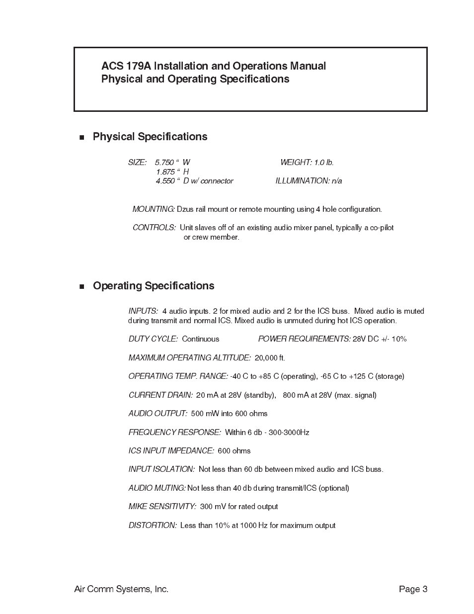 Physical specifications | Air Comm Systems Six Passenger ICS/Transmit Expansion Unit ACS 179A User Manual | Page 3 / 9