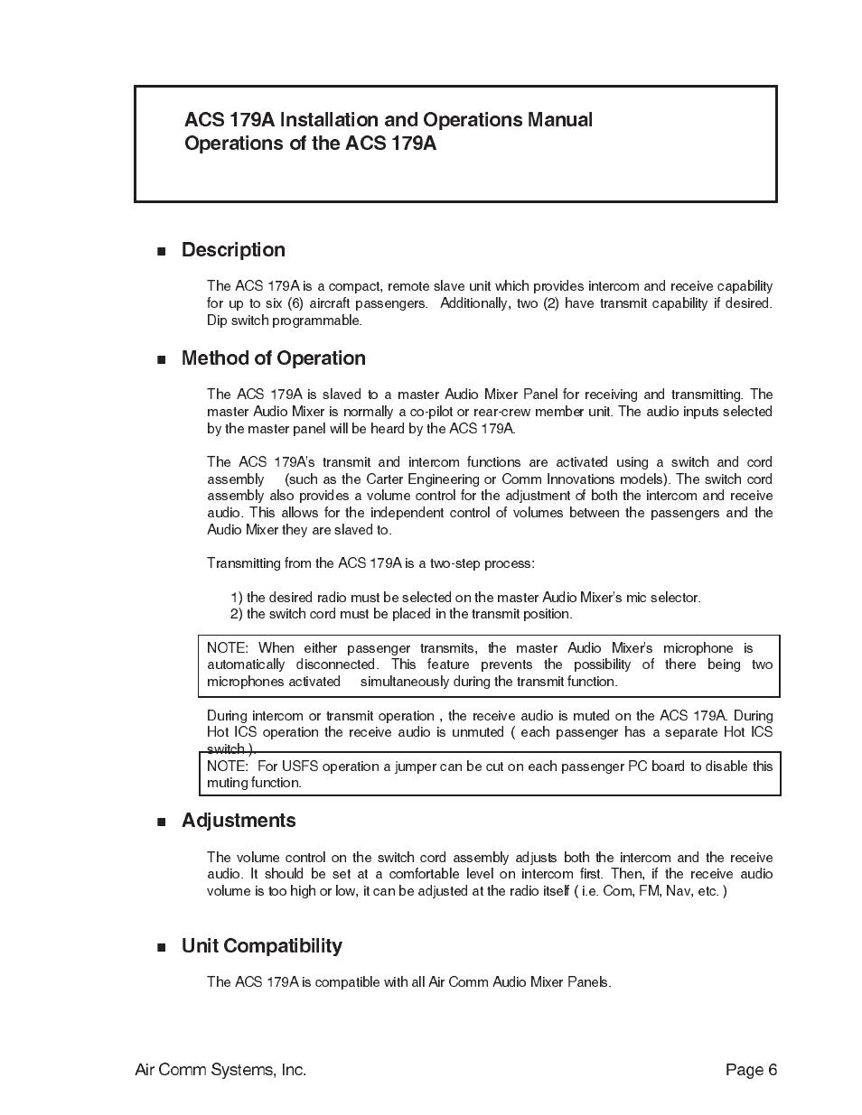 Description, Method of operation, Adjustments | Unit compatibility | Air Comm Systems Six Passenger ICS/Transmit Expansion Unit ACS 179A User Manual | Page 6 / 9