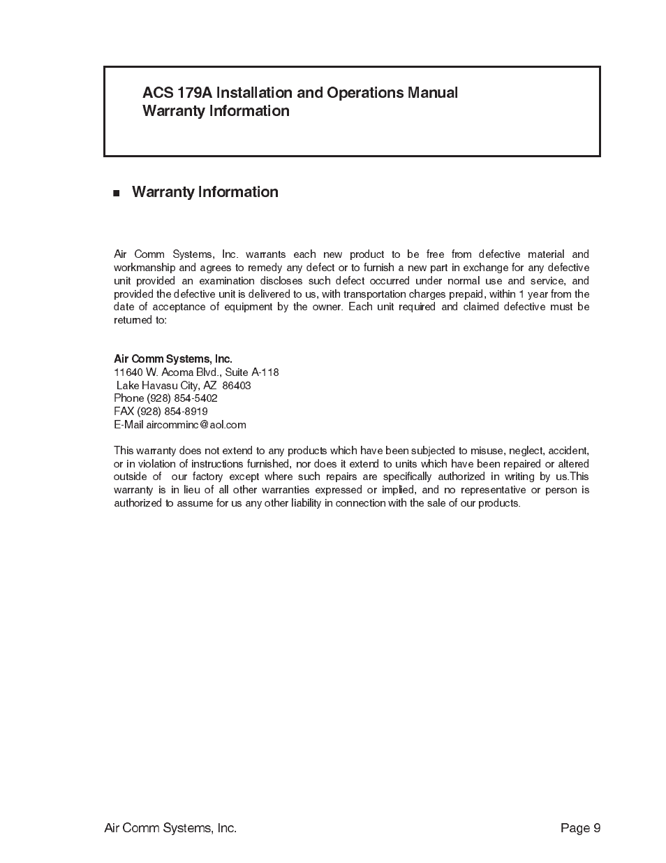 Air Comm Systems Six Passenger ICS/Transmit Expansion Unit ACS 179A User Manual | Page 9 / 9