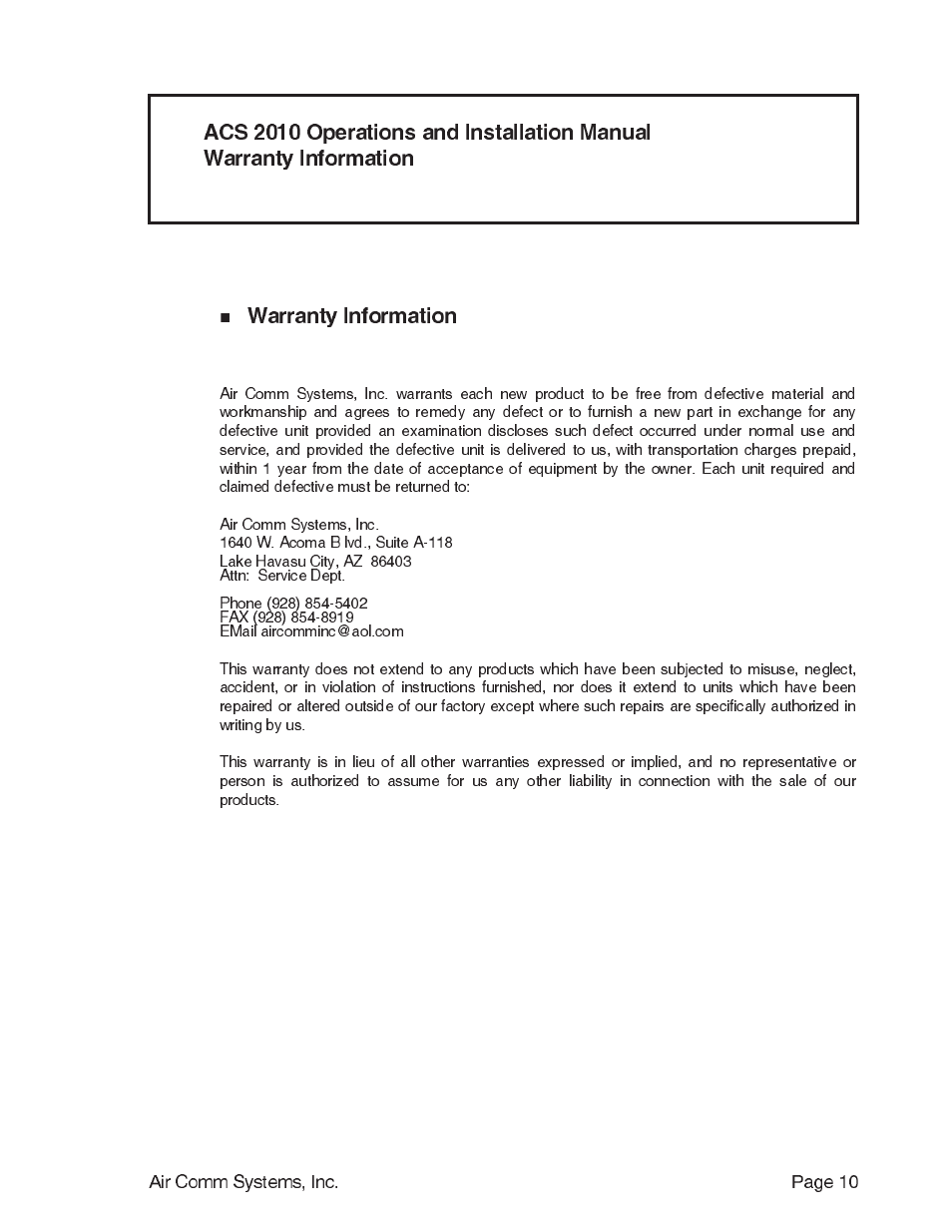 Warranty information | Air Comm Systems ACS 2010 User Manual | Page 10 / 10