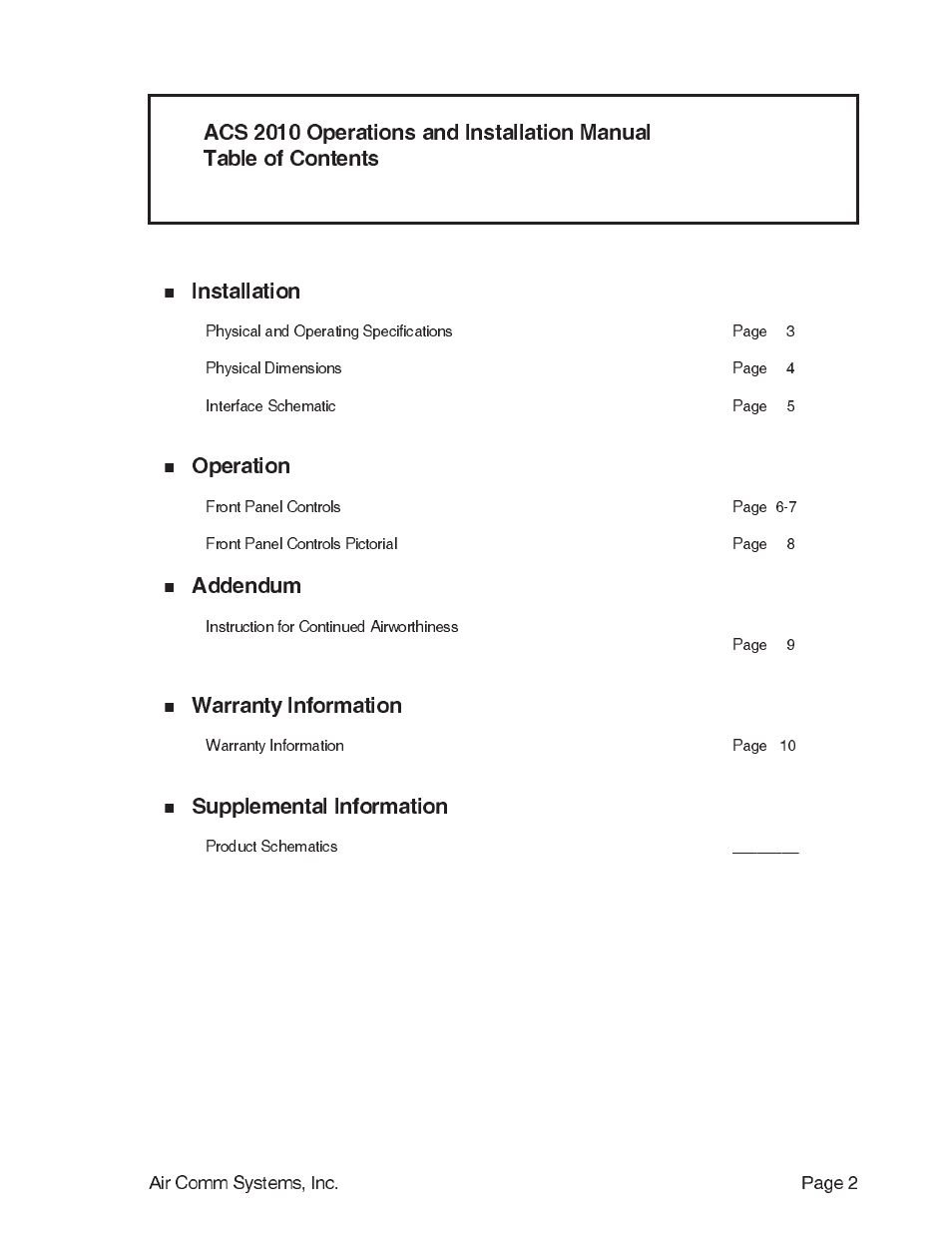Installation, Operation, Addendum | Warranty information, Supplemental information | Air Comm Systems ACS 2010 User Manual | Page 2 / 10