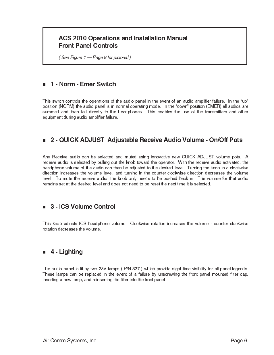 1 - norm - emer switch, 3 - ics volume control, 4 - lighting | Air Comm Systems ACS 2010 User Manual | Page 6 / 10