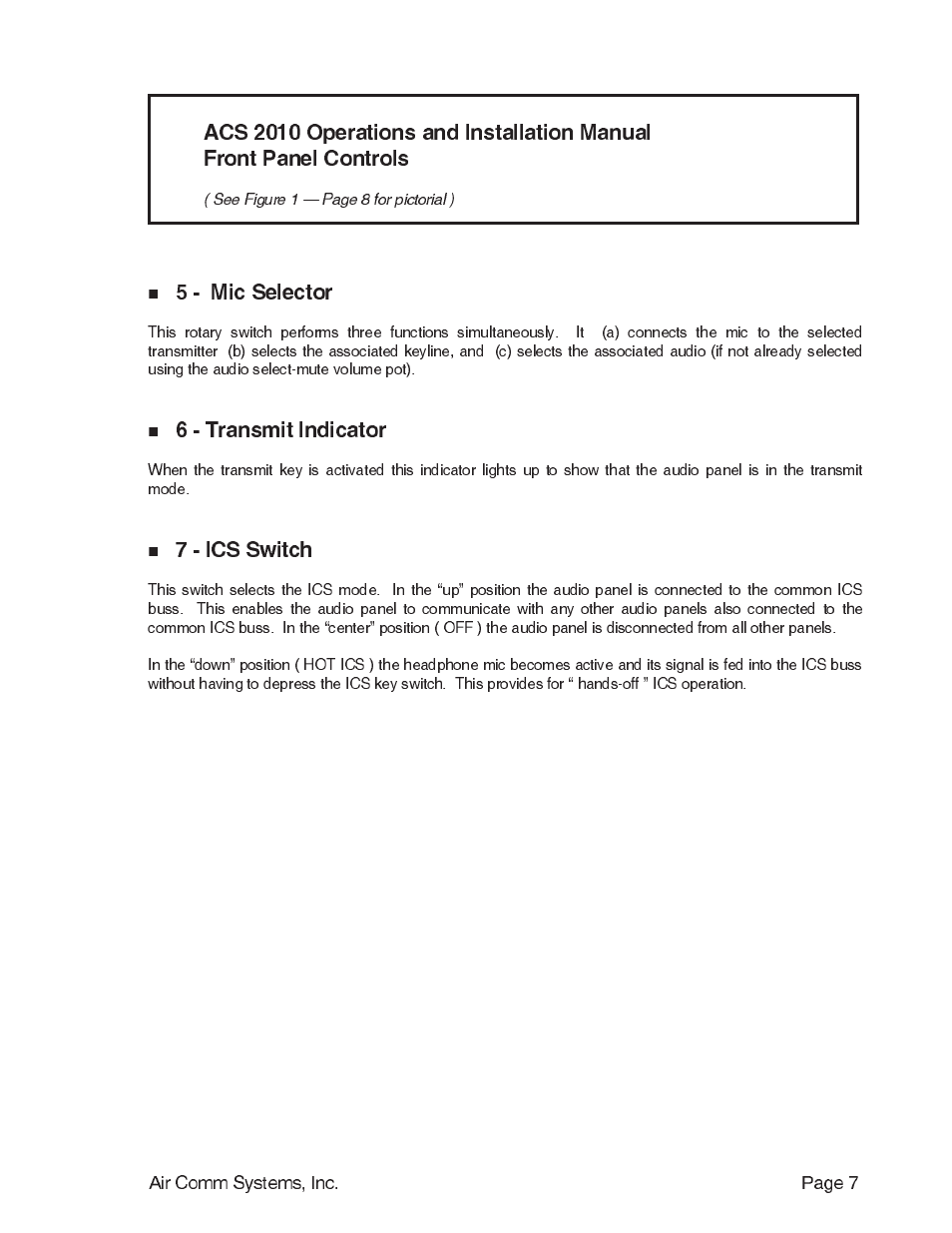 5 - mic selector, 6 - transmit indicator, 7 - ics switch | Air Comm Systems ACS 2010 User Manual | Page 7 / 10