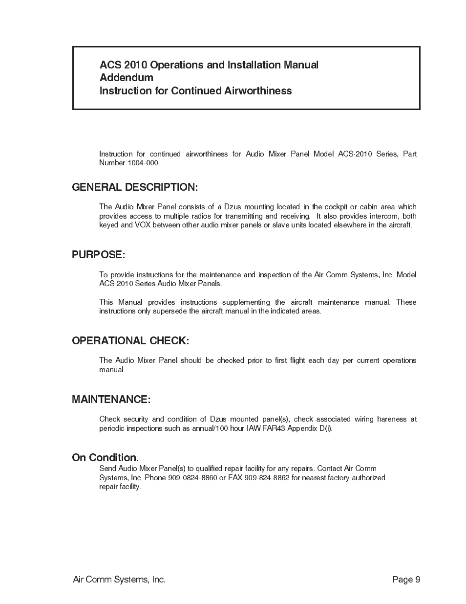 General description, Purpose, Operational check | Maintenance, On condition | Air Comm Systems ACS 2010 User Manual | Page 9 / 10