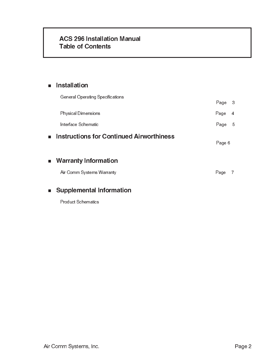 Installation, Instructions for continued airworthiness, Warranty information | Supplemental information, Acs 296 installation manual table of contents | Air Comm Systems ACS 296 User Manual | Page 2 / 7