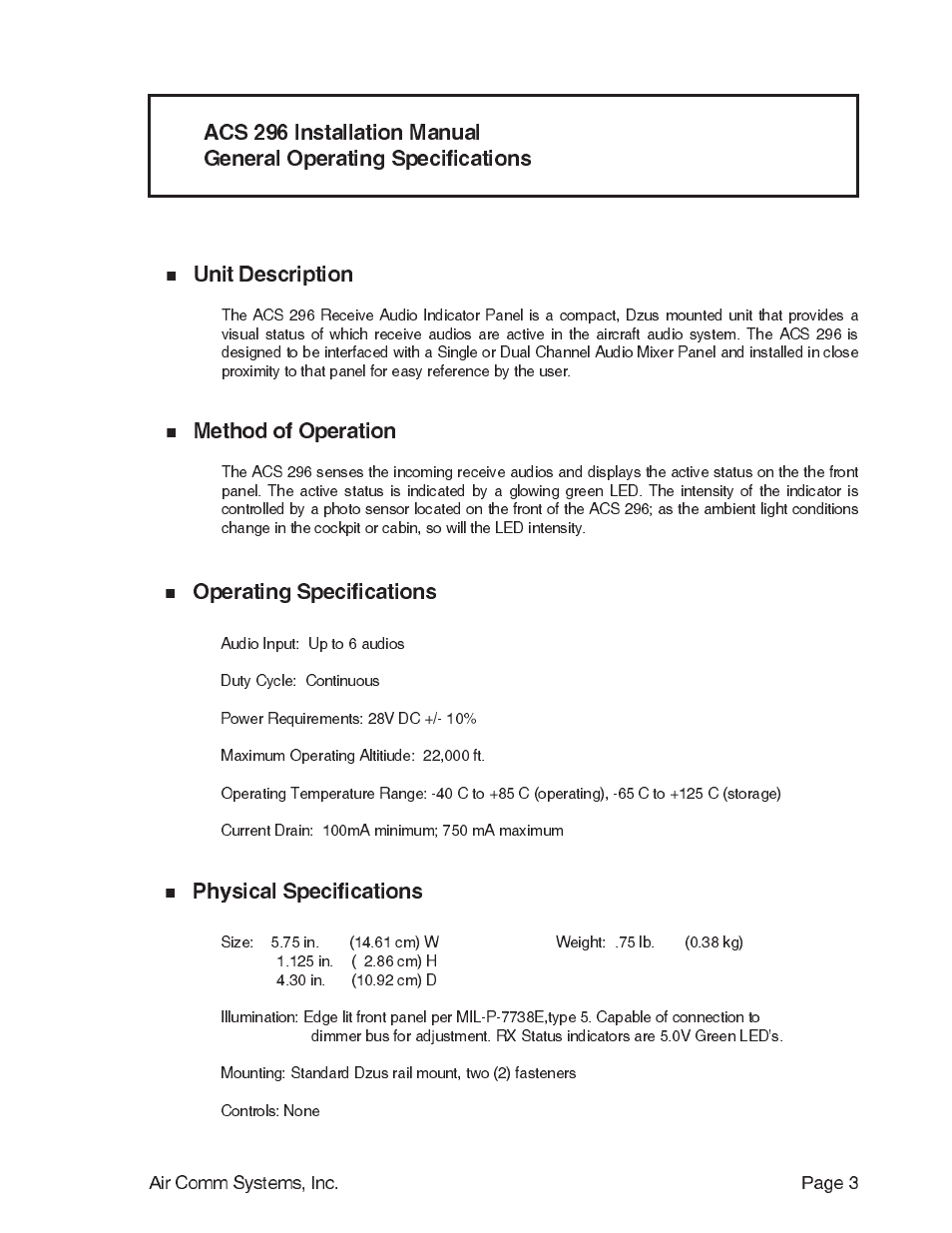 Unit description, Method of operation, Physical specifications | Air Comm Systems ACS 296 User Manual | Page 3 / 7