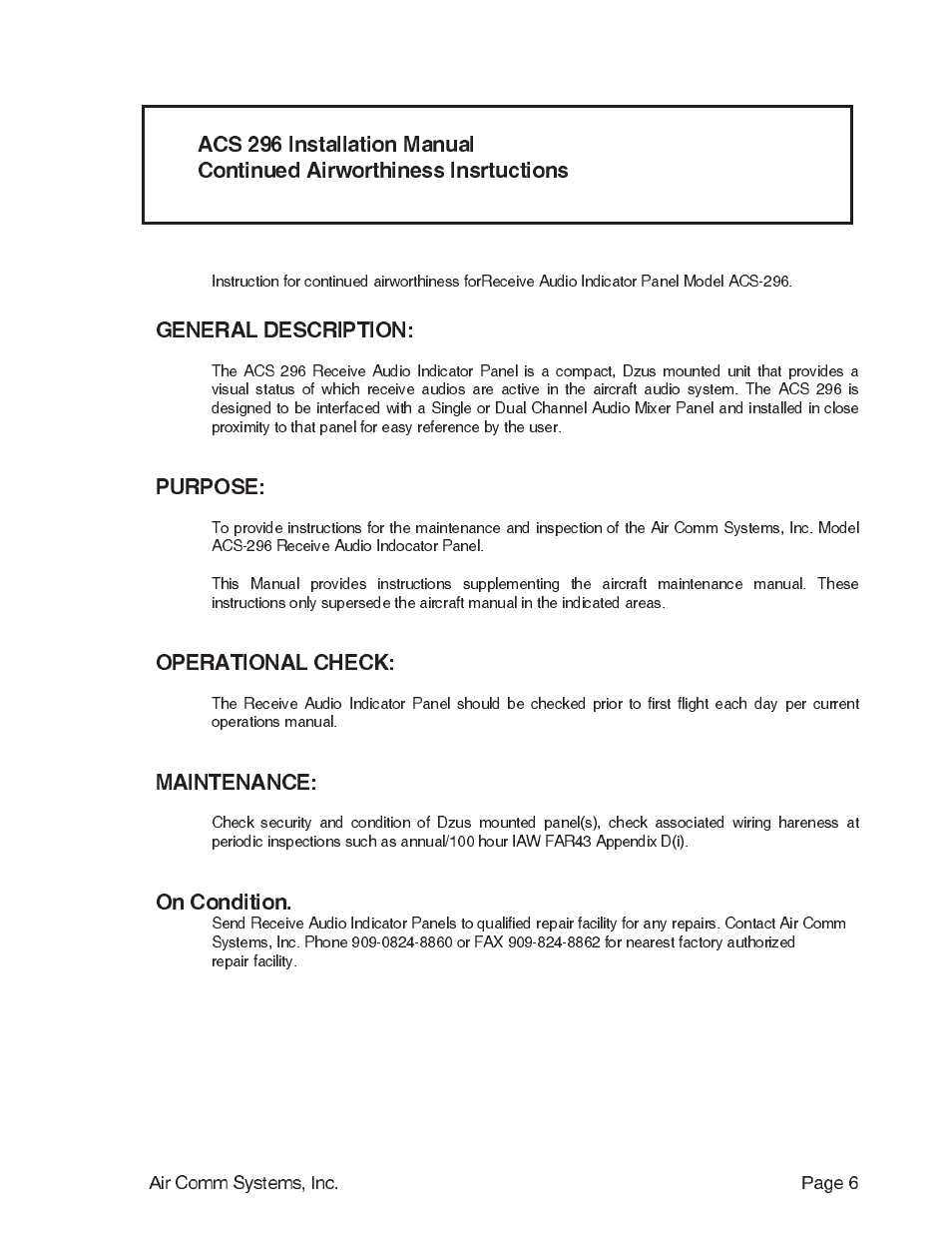 General description, Purpose, Operational check | Maintenance, On condition | Air Comm Systems ACS 296 User Manual | Page 6 / 7