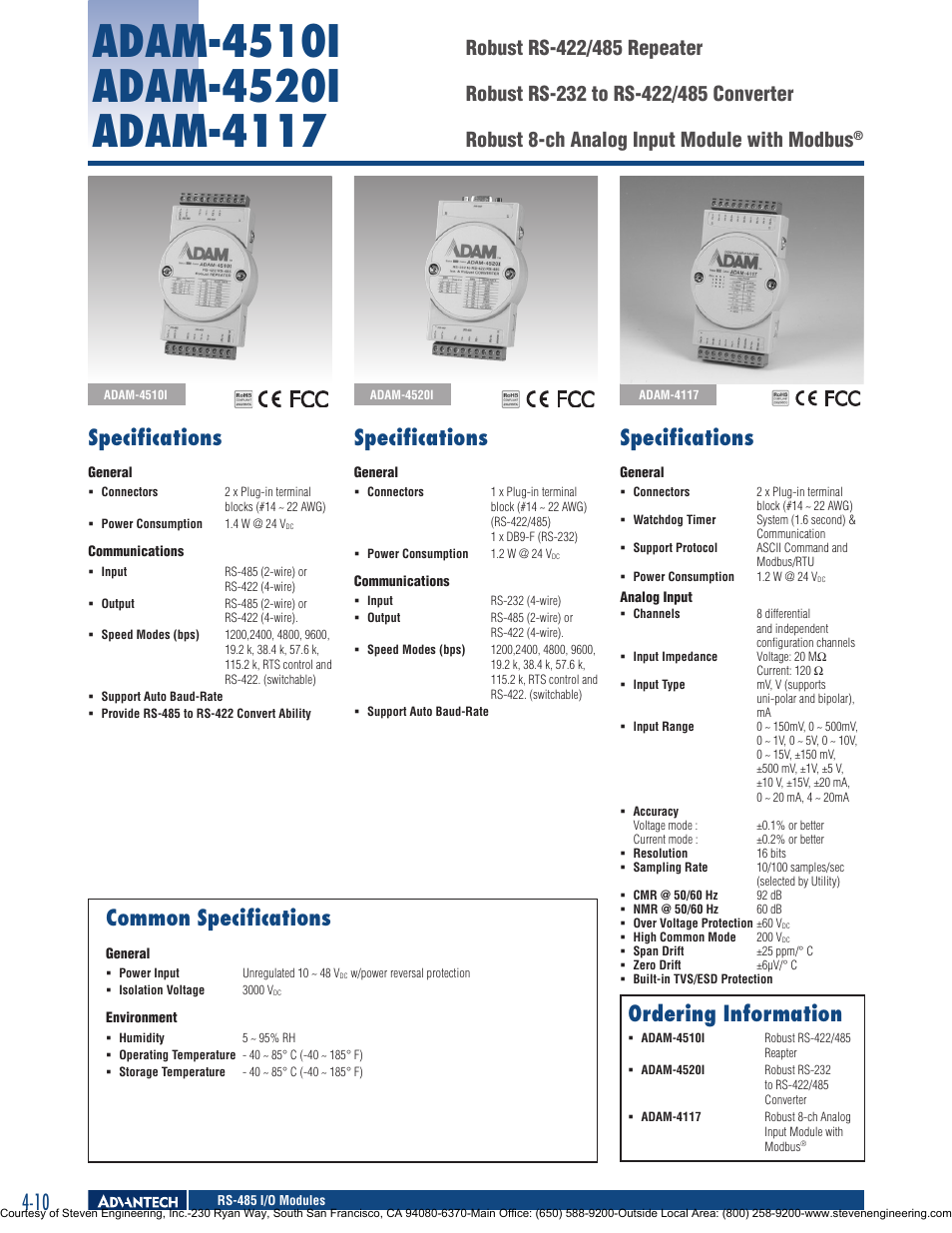 Specifications, Common specifications, Ordering information | Adam Equipment Adam-4000 User Manual | Page 10 / 24
