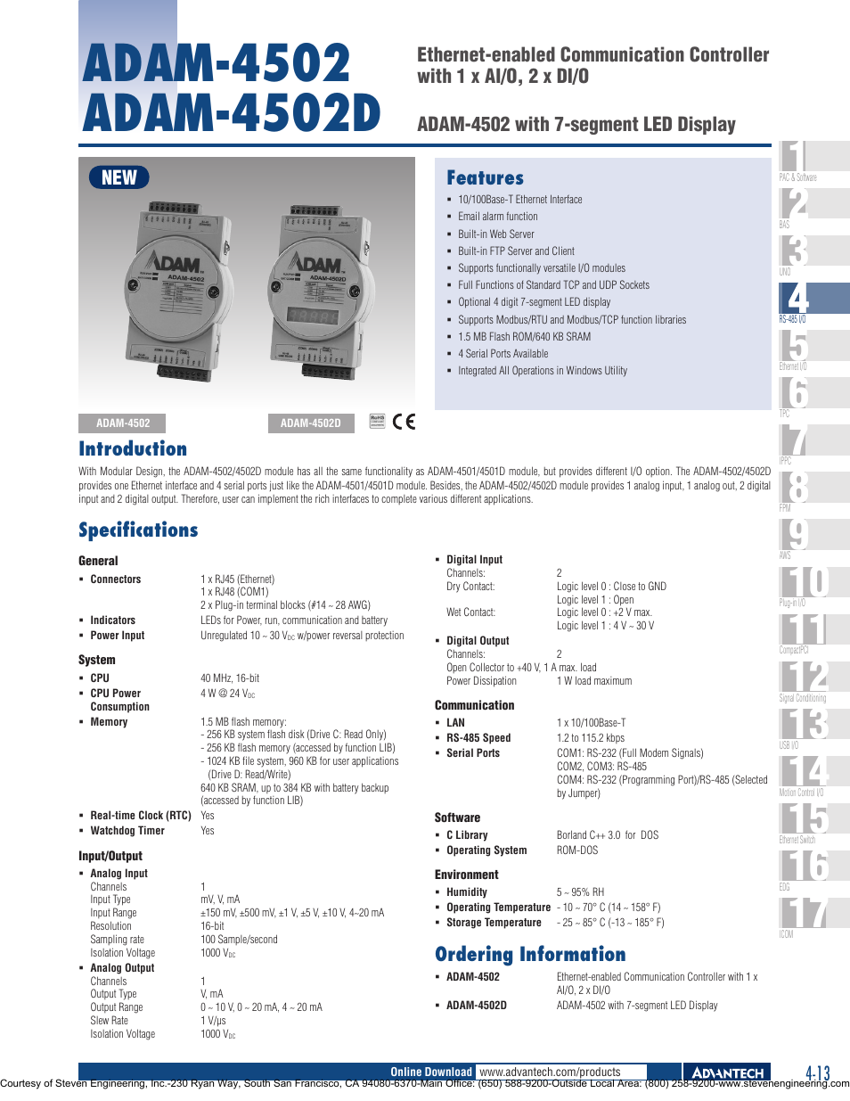 Features 4-1, Introduction, Specifications | Ordering information | Adam Equipment Adam-4000 User Manual | Page 13 / 24