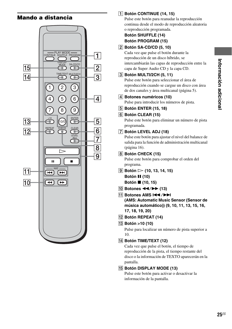 Mando a distancia, Inf o rmació n ad icio nal 25 | Sony SCD-XA1200ES User Manual | Page 101 / 104