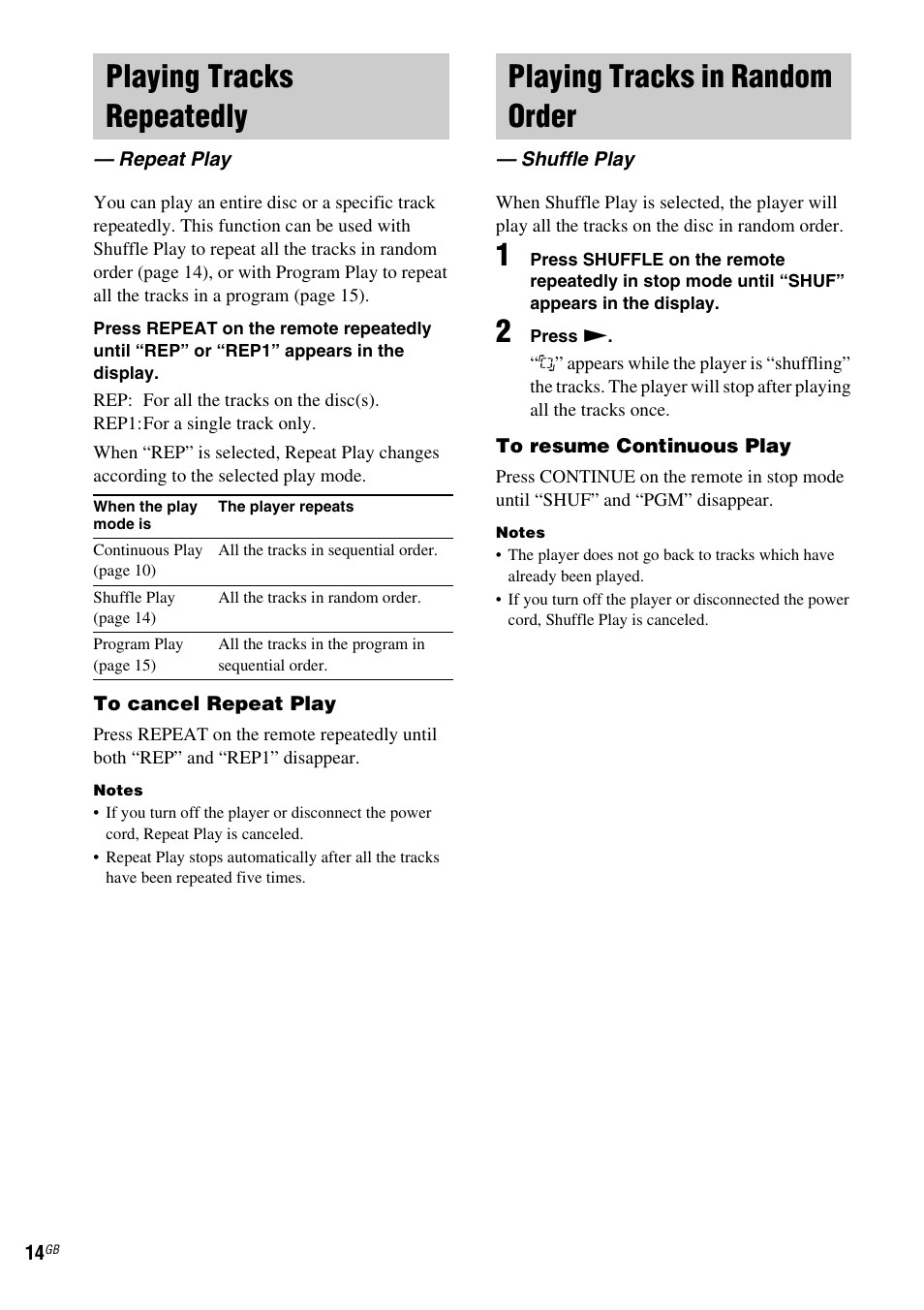 Playing tracks repeatedly, Repeat play, Playing tracks in random order | Shuffle play | Sony SCD-XA1200ES User Manual | Page 14 / 104