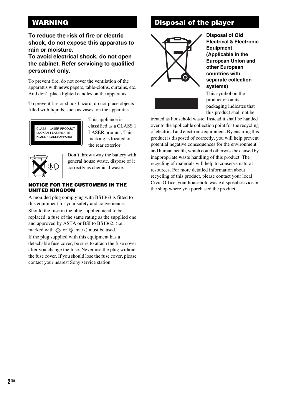 Warning disposal of the player | Sony SCD-XA1200ES User Manual | Page 2 / 104