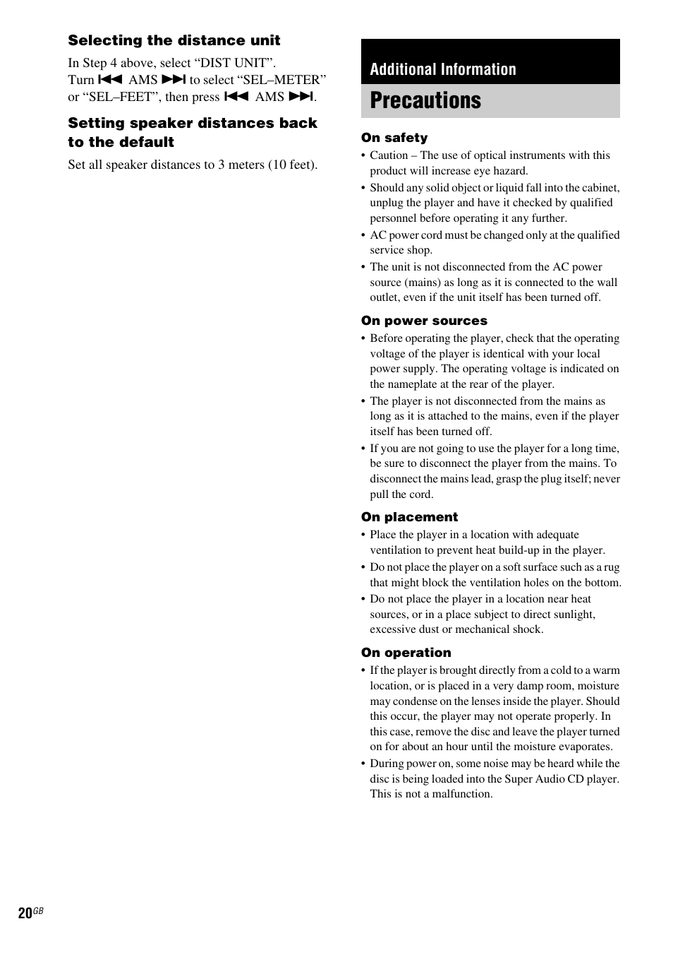 Additional information, Precautions | Sony SCD-XA1200ES User Manual | Page 20 / 104