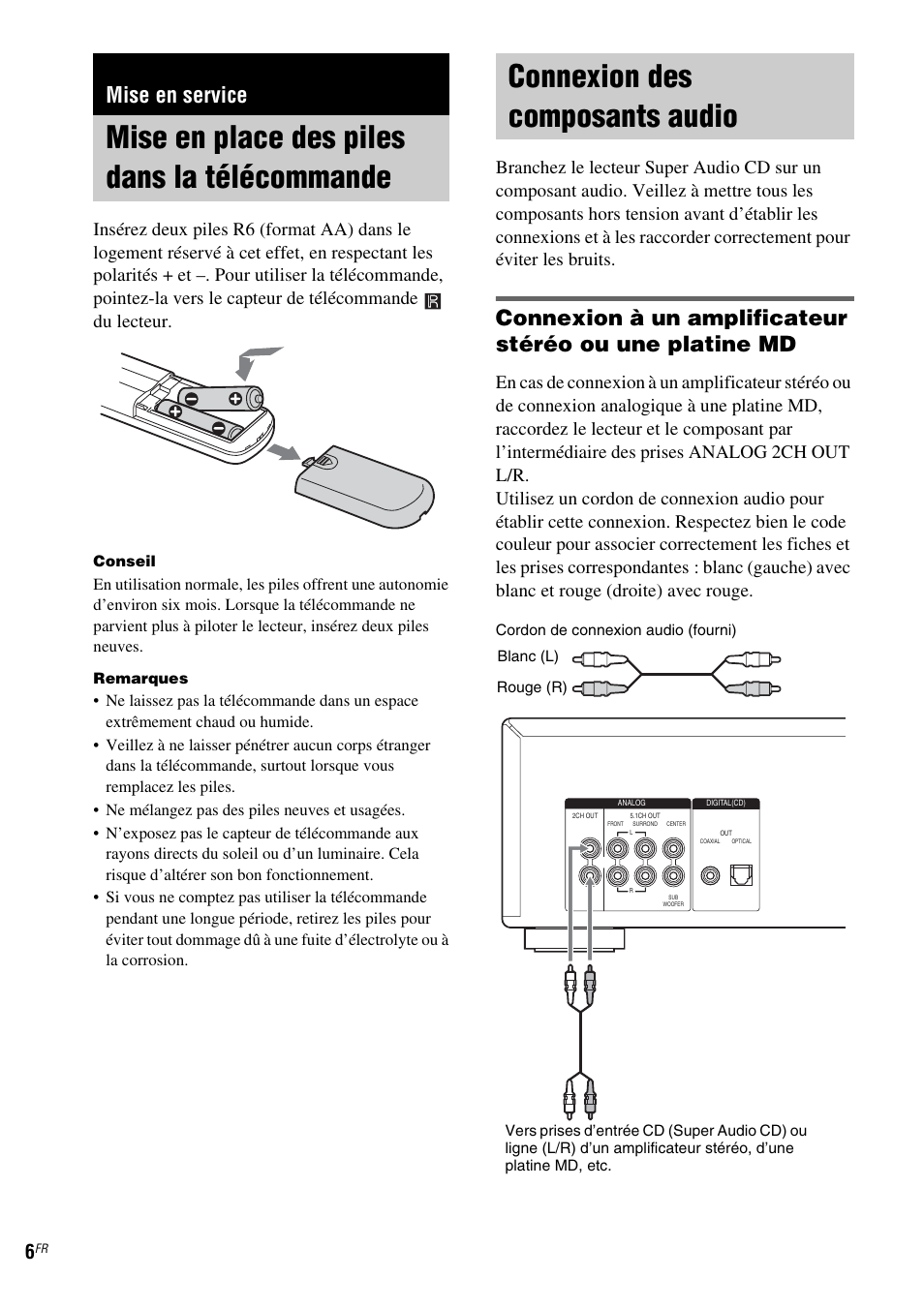 Mise en service, Mise en place des piles dans la télécommande, Connexion des composants audio | Sony SCD-XA1200ES User Manual | Page 30 / 104