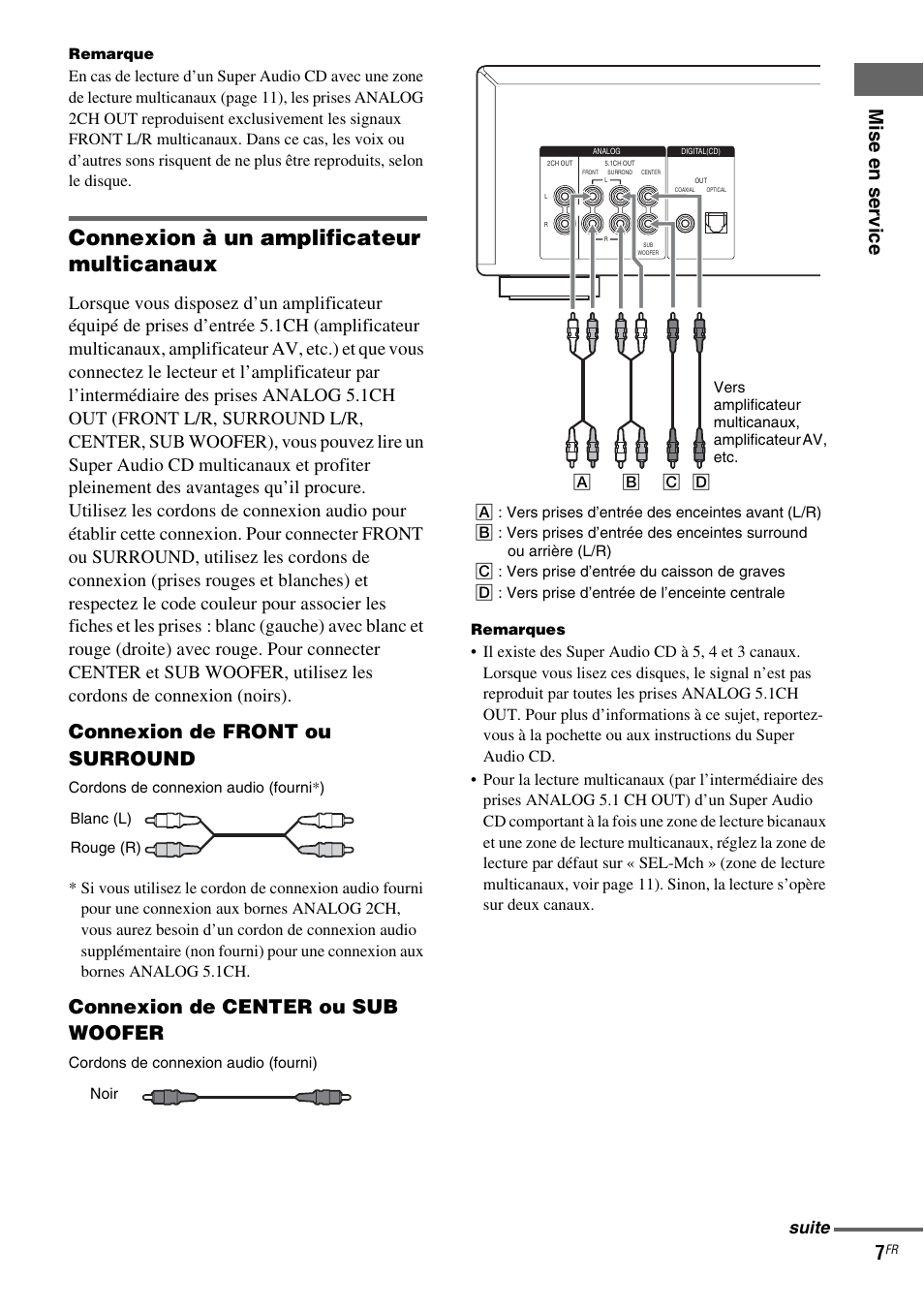 Connexion à un amplificateur multicanaux, Mise en ser vice 7, Connexion de front ou surround | Connexion de center ou sub woofer, Suite | Sony SCD-XA1200ES User Manual | Page 31 / 104