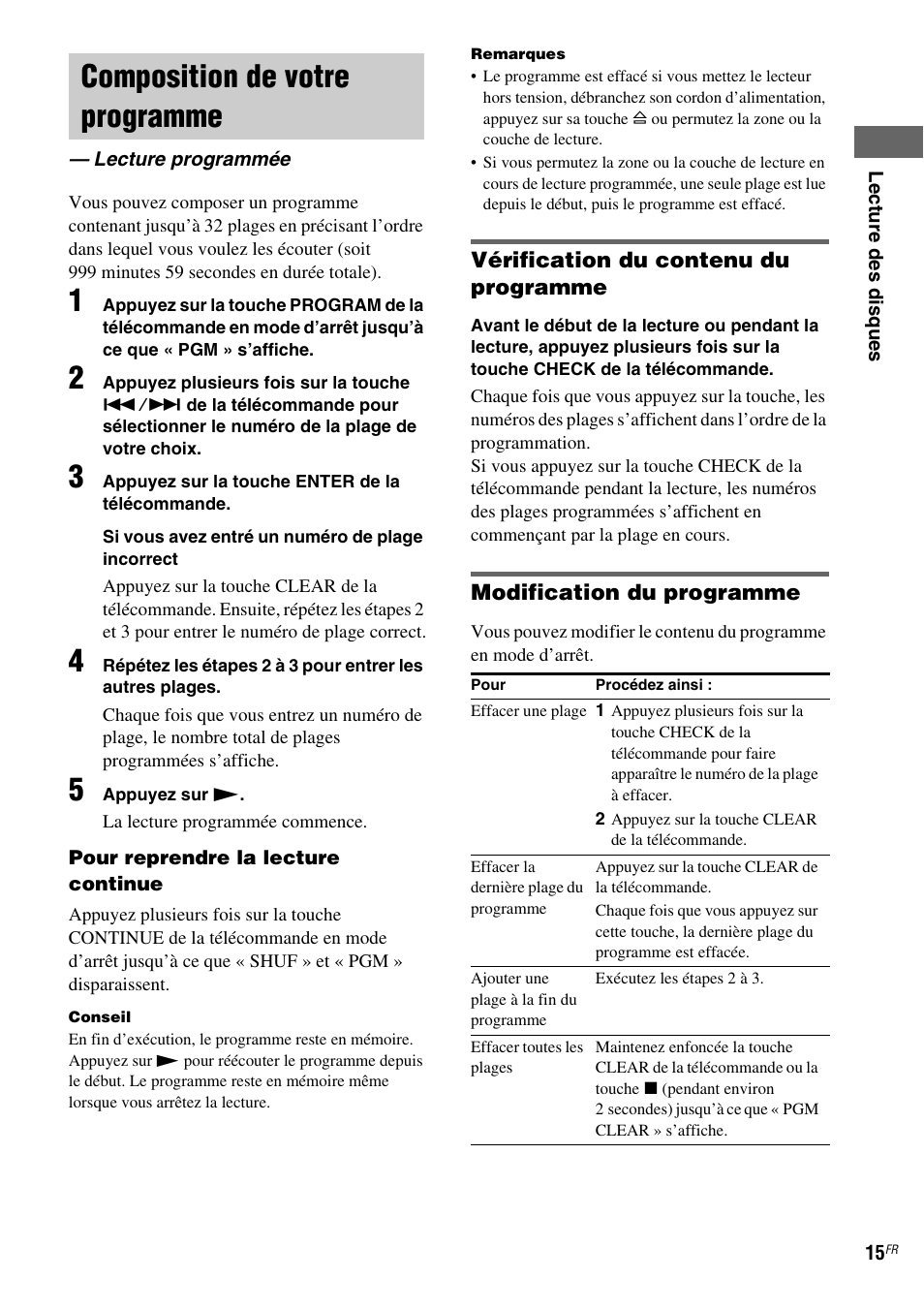 Composition de votre programme, Lecture programmée | Sony SCD-XA1200ES User Manual | Page 39 / 104