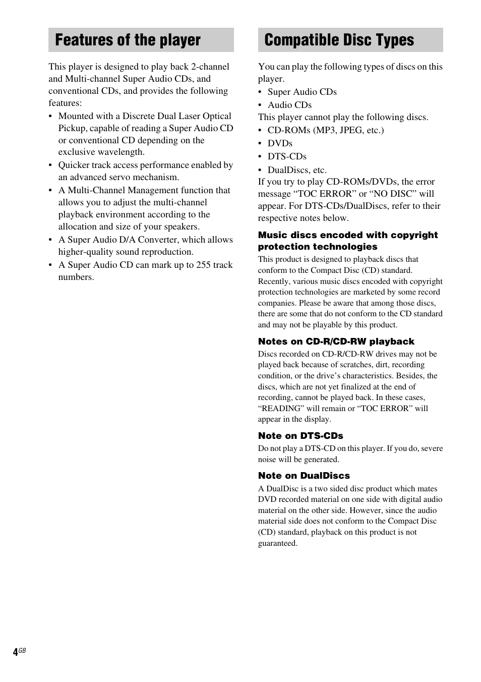 Features of the player, Compatible disc types, Features of the player compatible disc types | Sony SCD-XA1200ES User Manual | Page 4 / 104