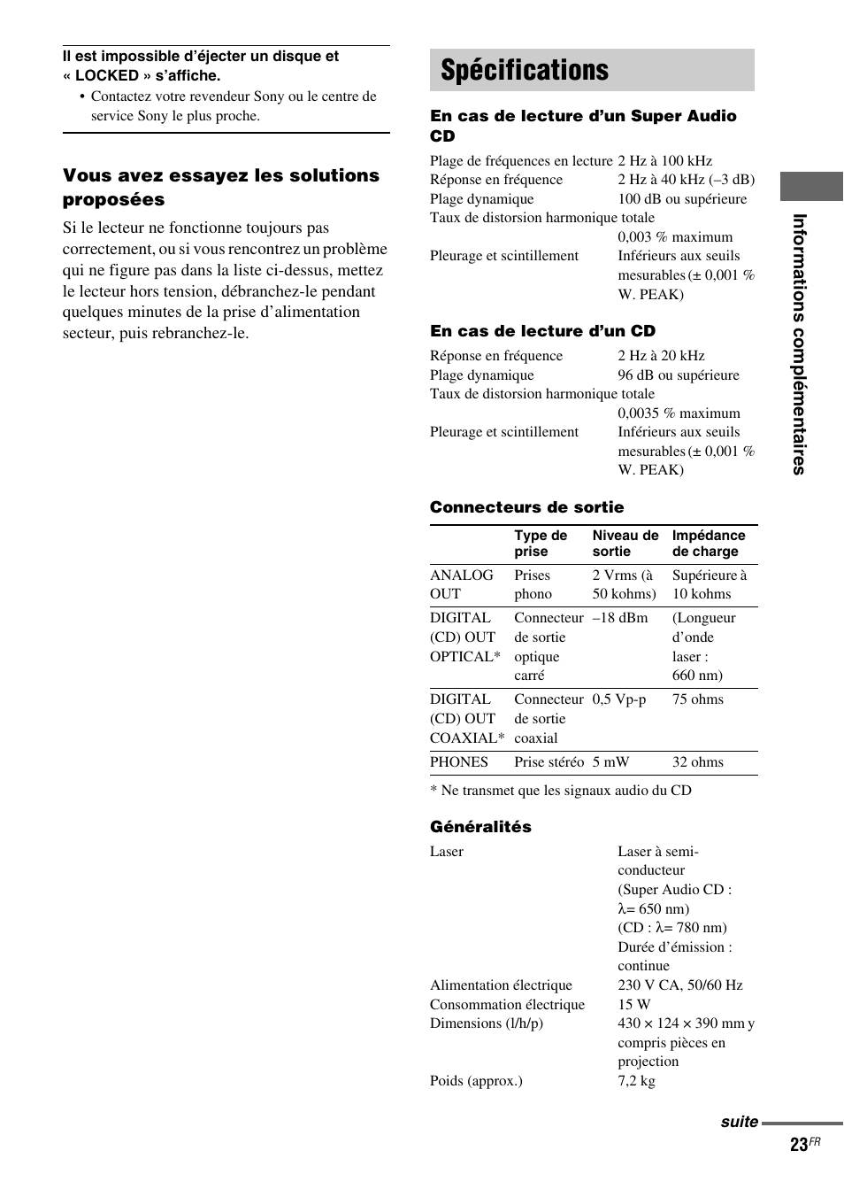 Spécifications | Sony SCD-XA1200ES User Manual | Page 47 / 104