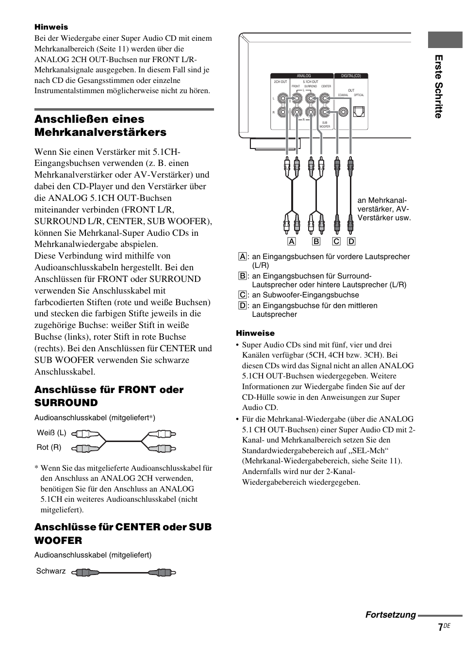 Anschließen eines mehrkanalverstärkers, Er s te sch ri tte 7, Anschlüsse für front oder surround | Anschlüsse für center oder sub woofer, Fortsetzung | Sony SCD-XA1200ES User Manual | Page 57 / 104