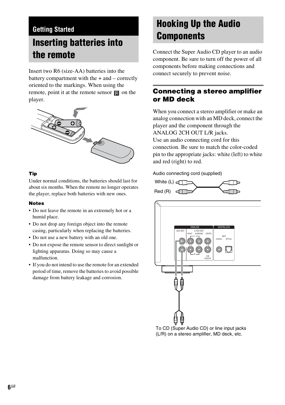 Getting started, Inserting batteries into the remote, Hooking up the audio components | Connecting a stereo amplifier or md deck | Sony SCD-XA1200ES User Manual | Page 6 / 104